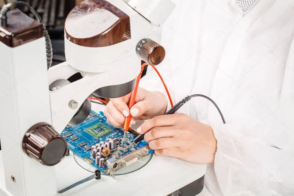 Technician repairing an electronic circuit board under a magnifier