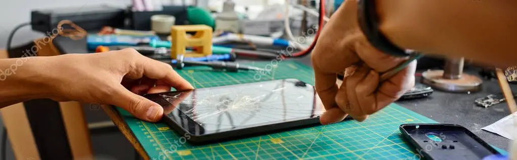 Customer speaking with an electronics repair technician at a service counter
