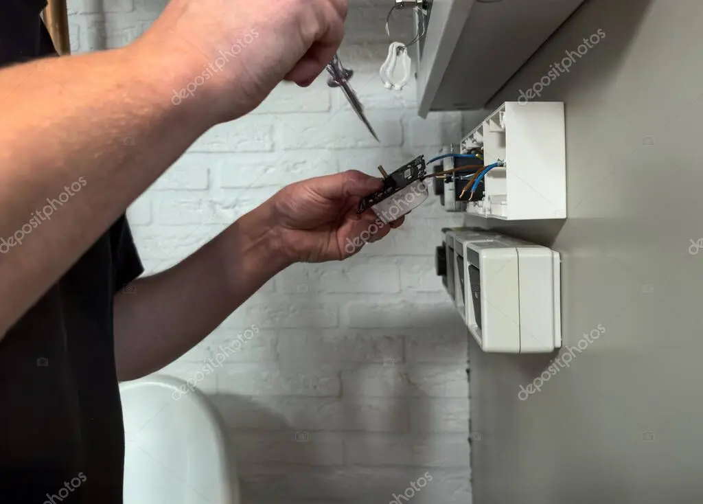 Electrician wiring dimmer modules inside a control cabinet