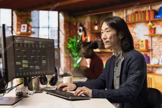 Technician performing routine maintenance on office desktop computers